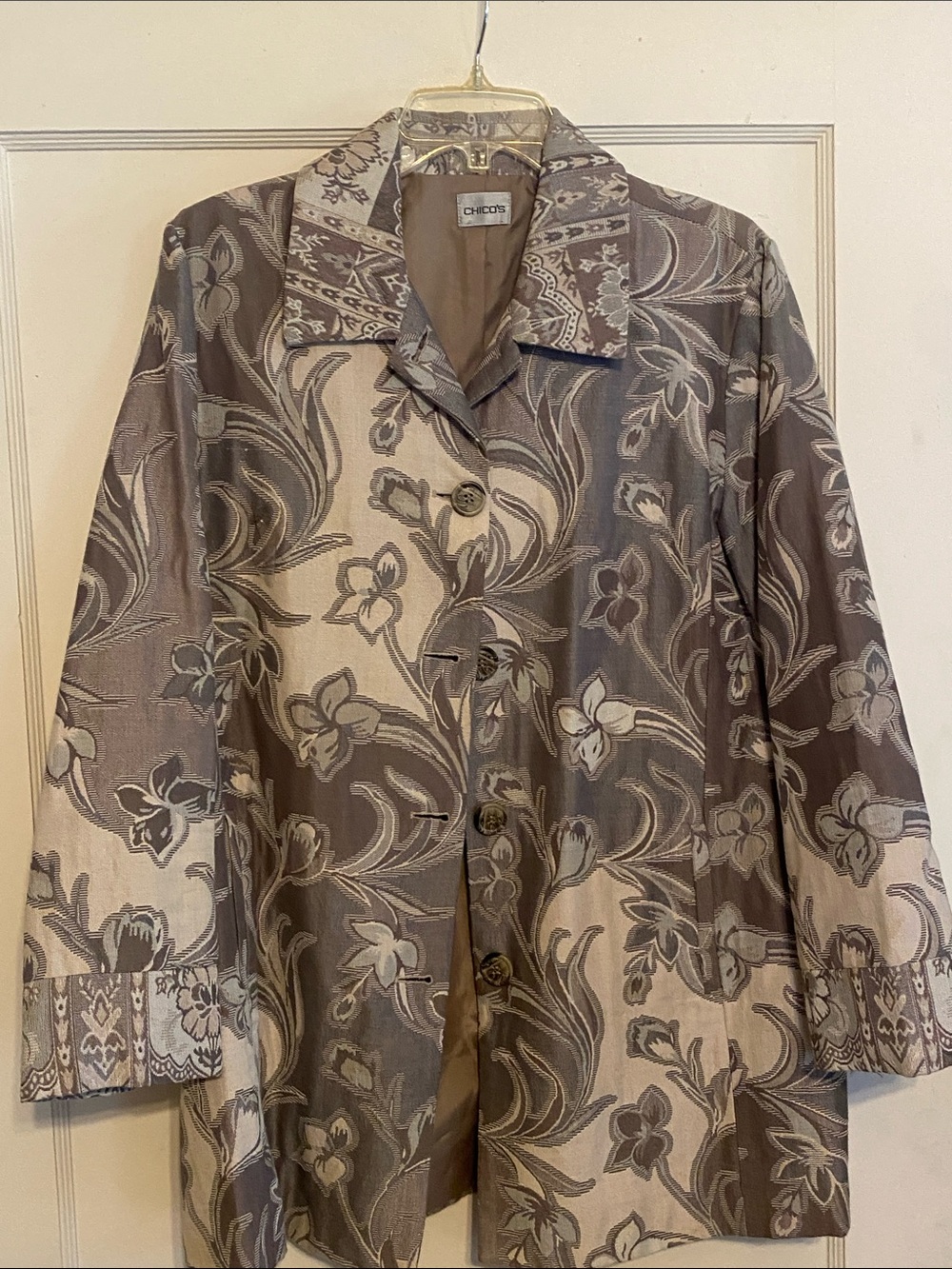 Chico's Taupe and Cream Floral Button-Front Jacket